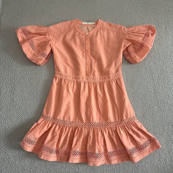 MARIE OLIVER Silk Blend Dress Eyelet Puff Sleeve Peach Pink - Picture 12 of 16